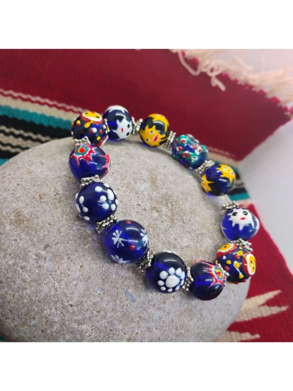 Handmade Lampwork Glass Bead Bracelet Cobalt Blue Yellow OOAK - Picture 5 of 9